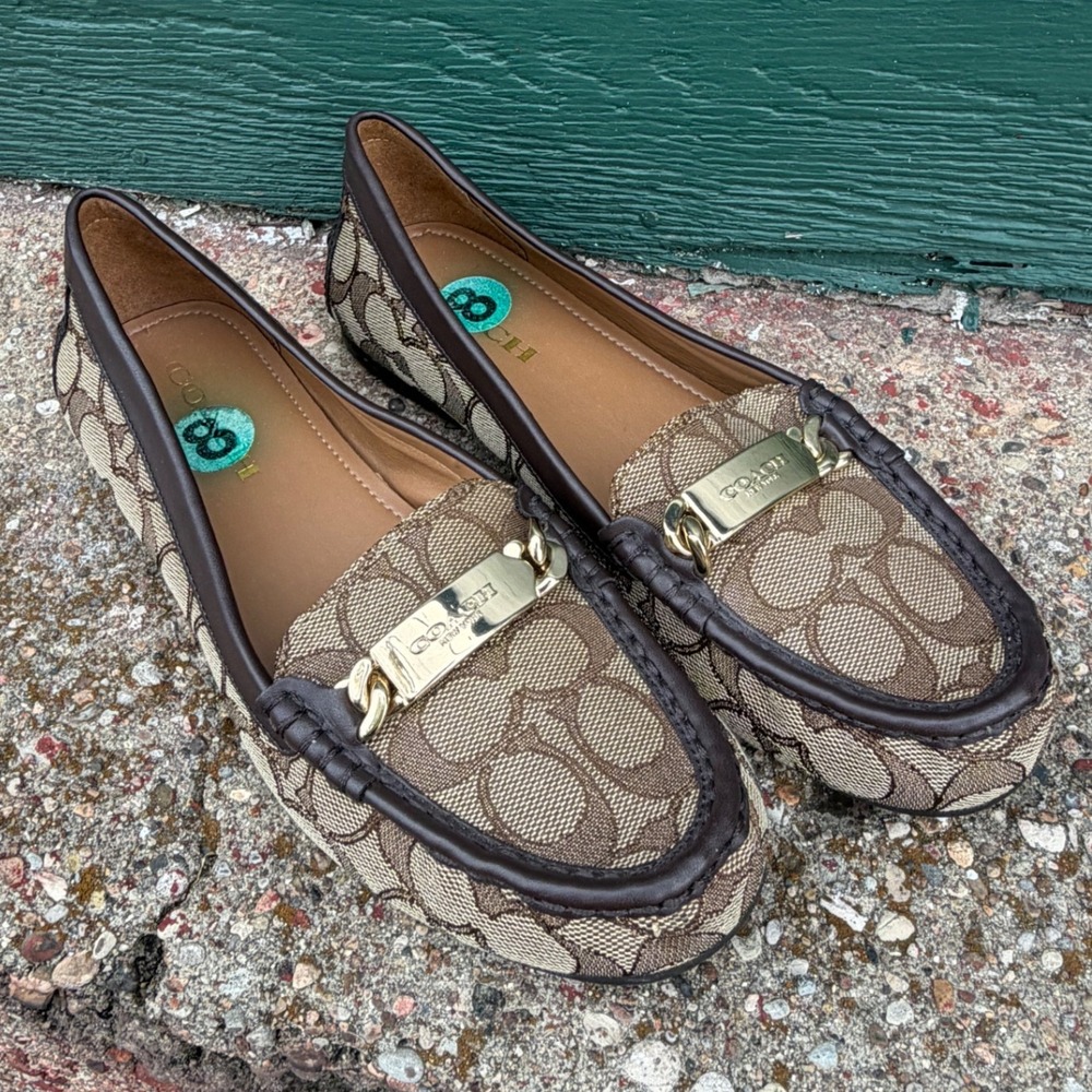 Coach Olive Signature Jacquard Leather Trim Loafers Brown Khaki Logo Gold Size 8 - Picture 4 of 6